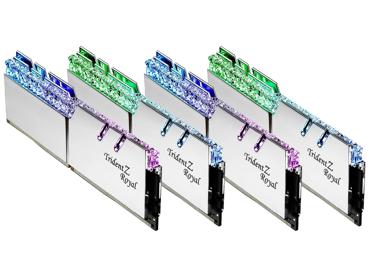 Four silver aluminum memory sticks with crystalline RGB light bars