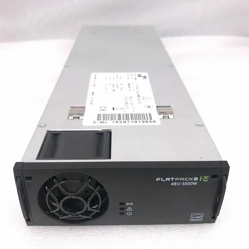 Rectangular silver power supply module with front label and rear connector slot