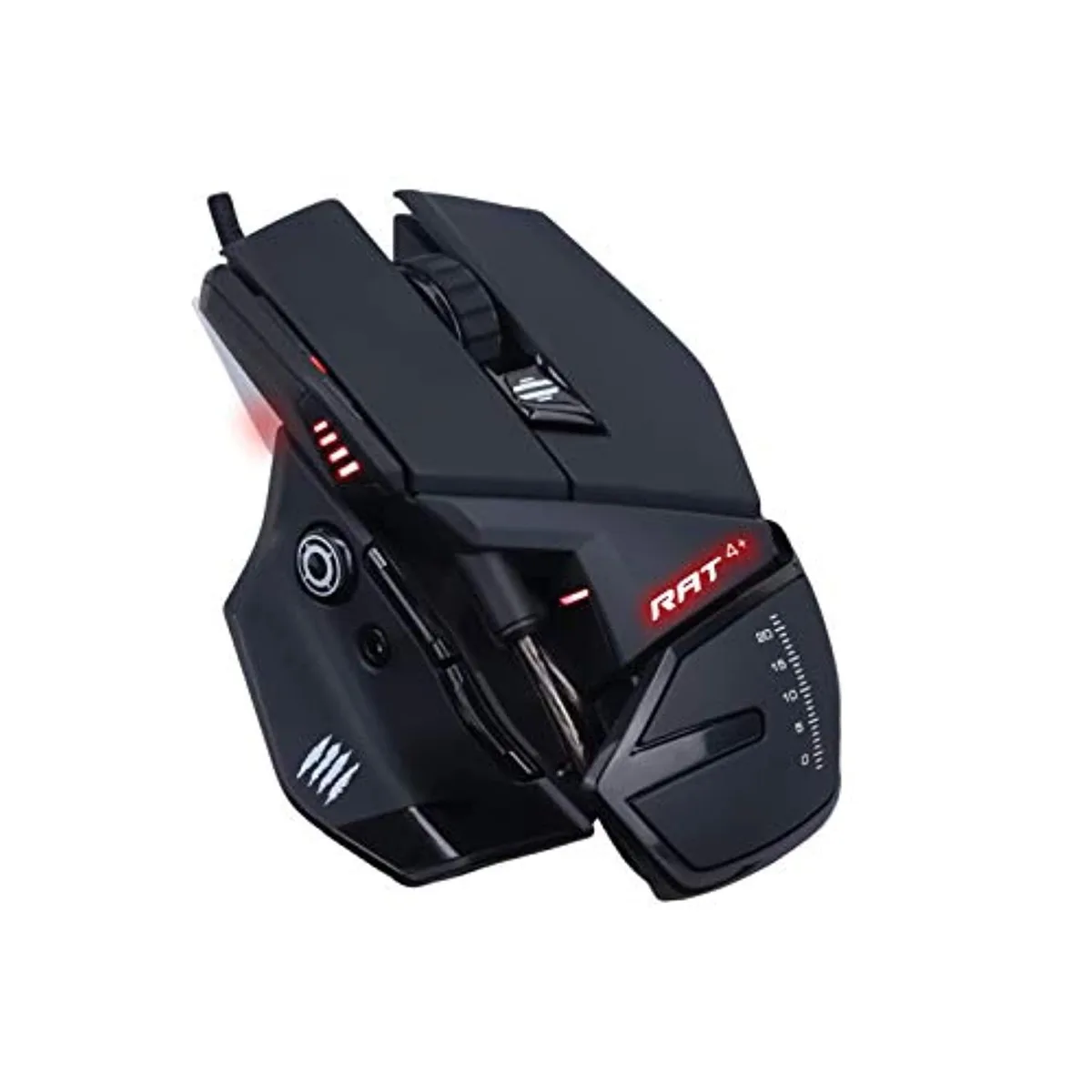 Angular black gaming mouse with modular side panels and RGB accent lighting