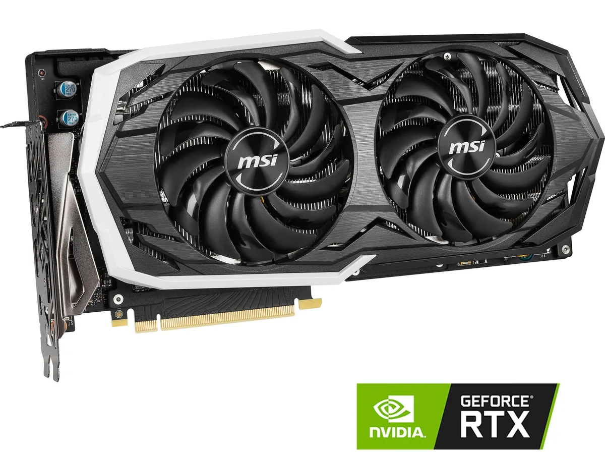 Black dual-fan graphics card with silver backplate, PCIe x16 interface