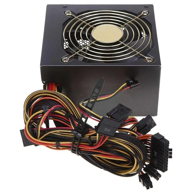 Rectangular ATX power supply unit with matte black finish and visible cooling fan grille