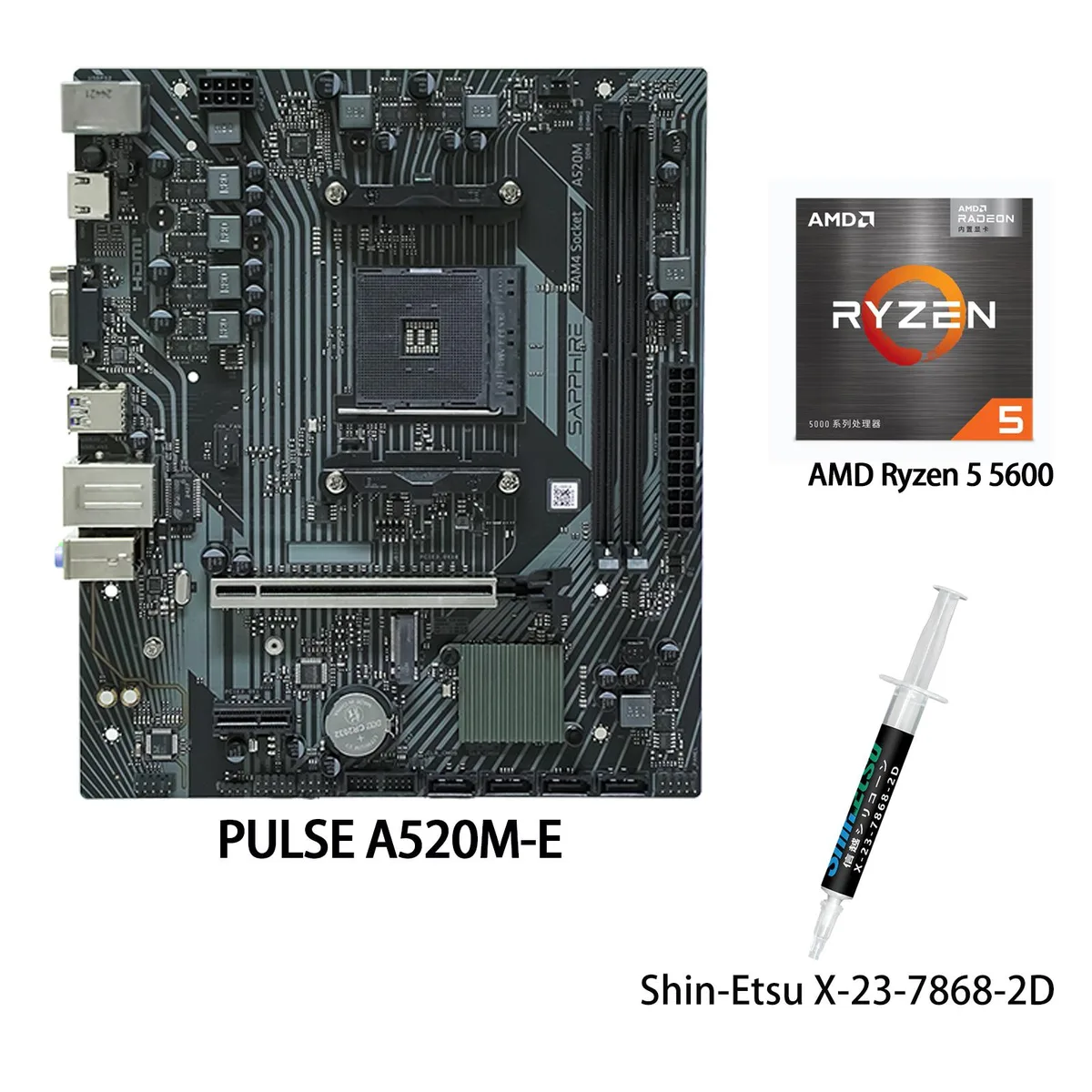 Sapphire Tech Sapphire Tech PULSE A520M-E AM4 Motherboard & AMD Ryzen 5 5600 6-Core CPU Combo — Produktfoto