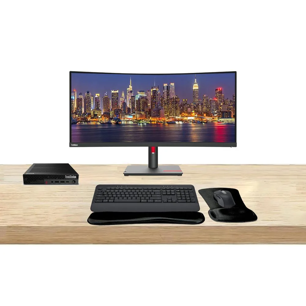 Compact mini PC, curved 34-inch ultrawide monitor, graphite wireless keyboard and mouse set