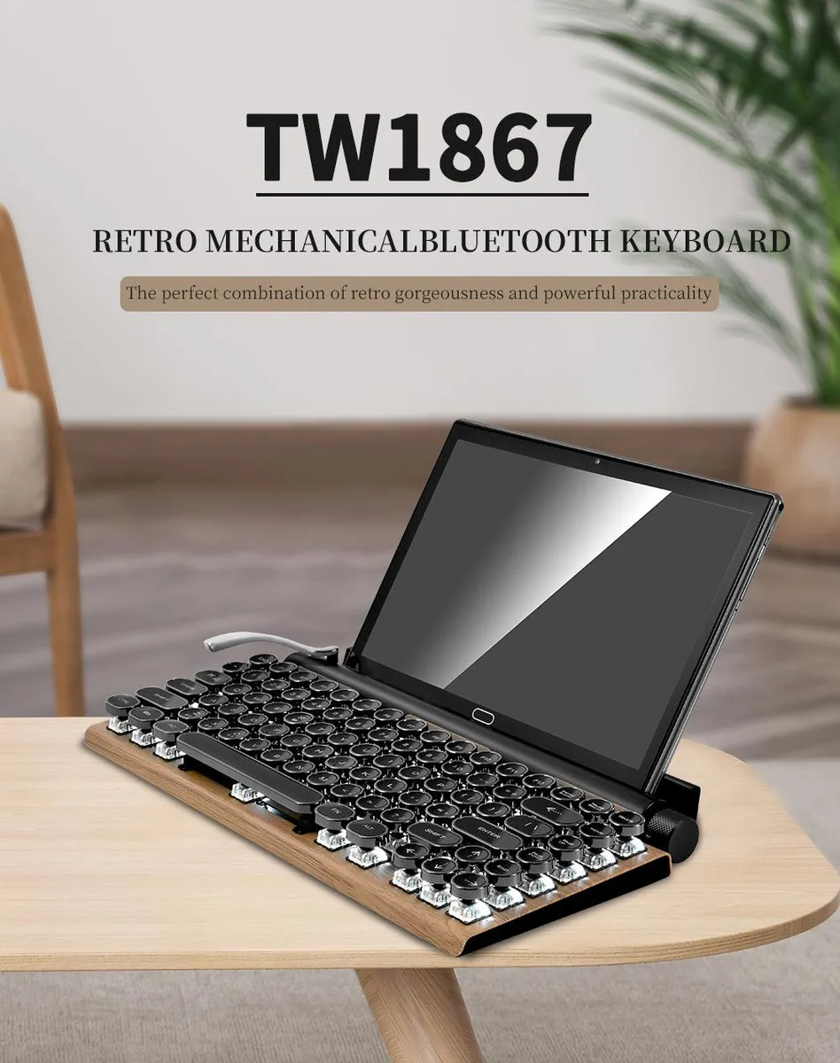 Compact walnut-finish mechanical keyboard with 83 retro round keycaps and integrated palm rest