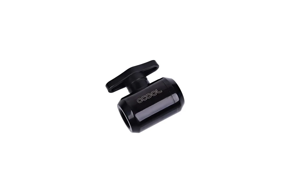 Alphacool Eiszapfen G1/4 2-way ball valve in deep black finish, compact rectangular body with dual threaded ports