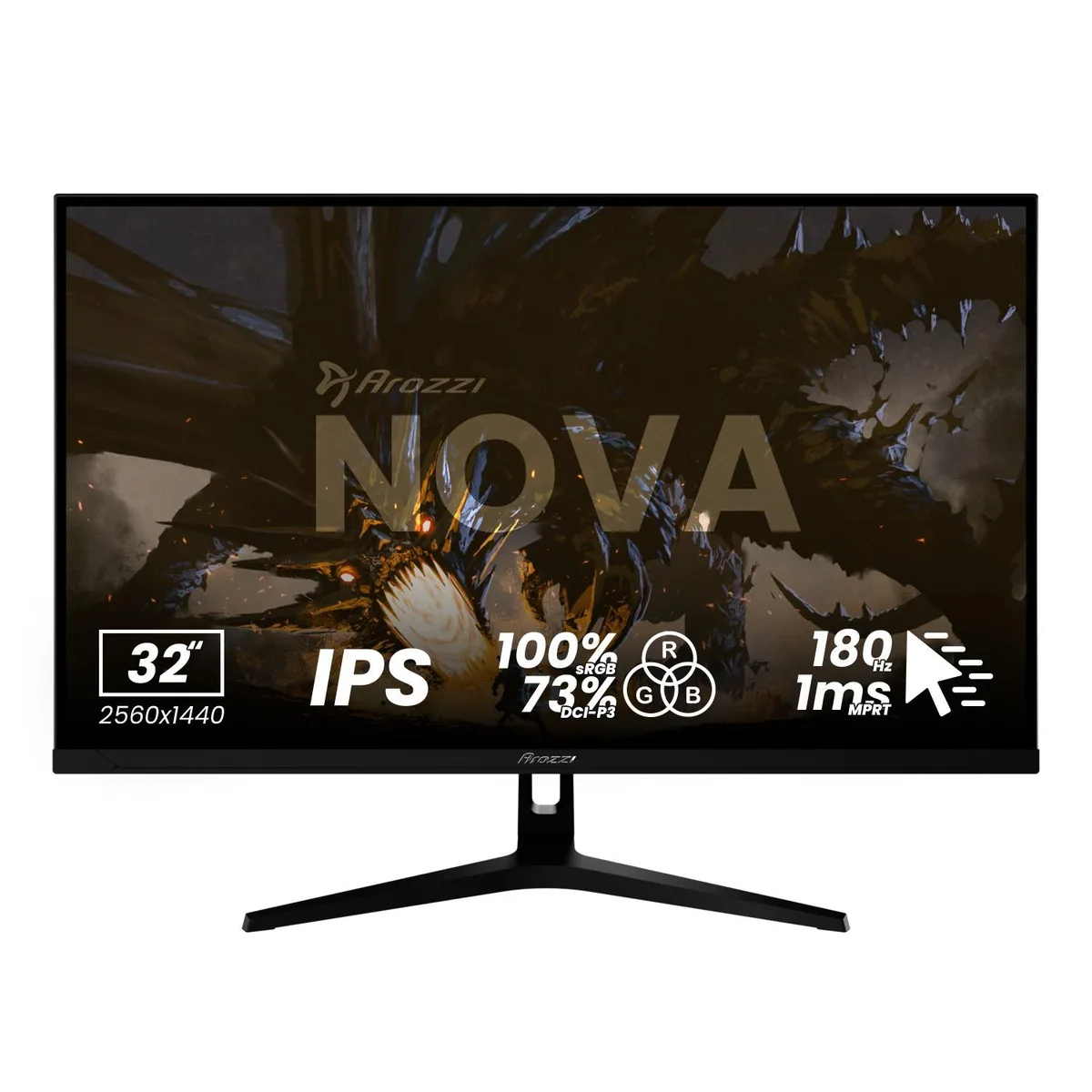 A 32 inch black gaming monitor on a stand
