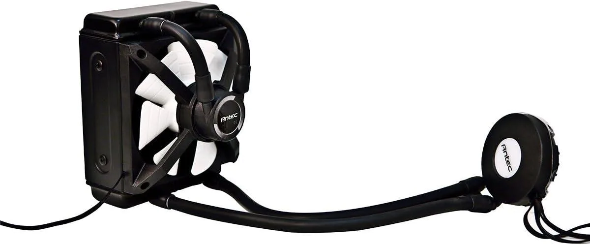 Black Antec H2O 950 KUHLER liquid cooler with 120 mm radiator and two 25 mm PWM fans, copper cold plate, RGB LED lighting