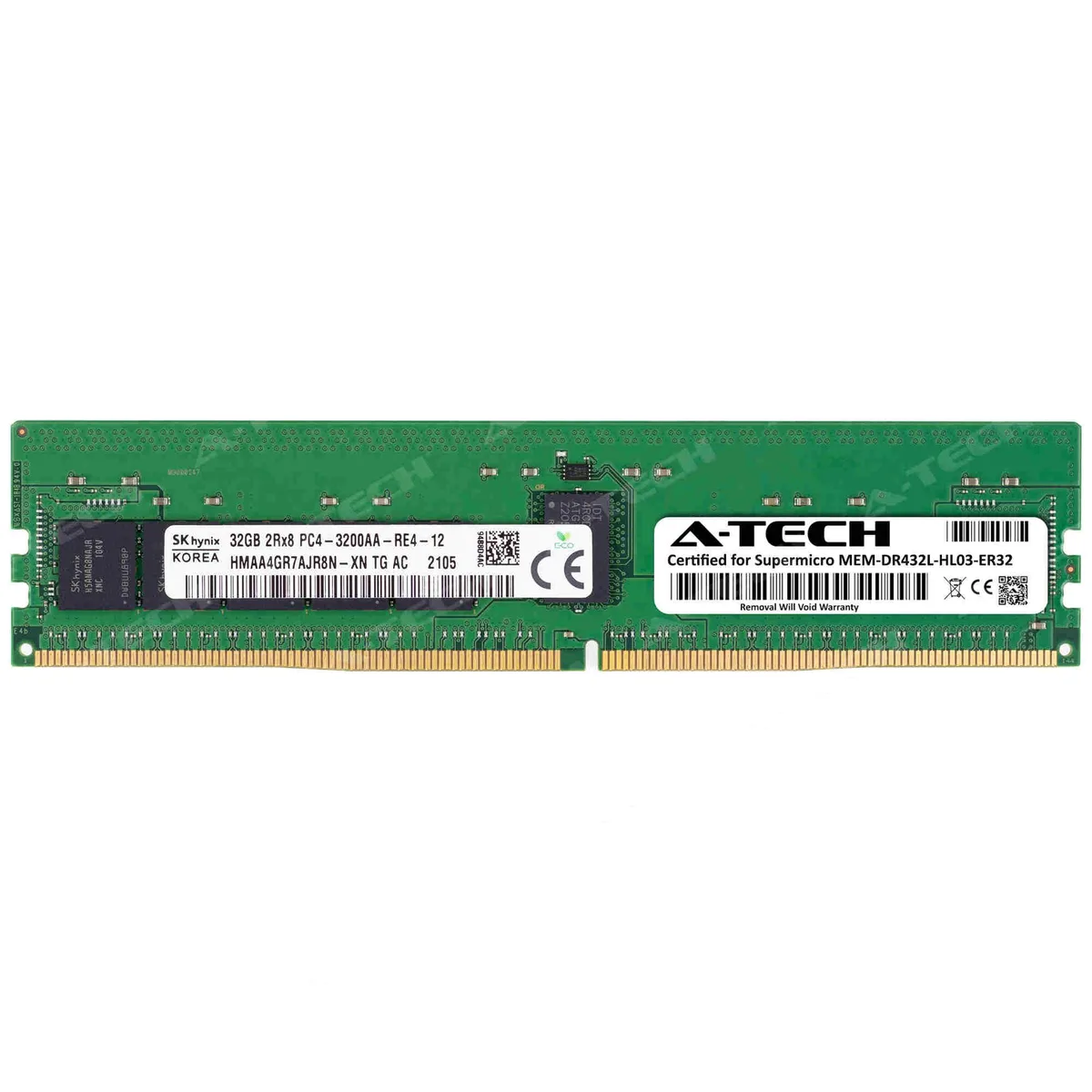 Green rectangular DDR4 RDIMM module with gold contacts and black chips on both sides
