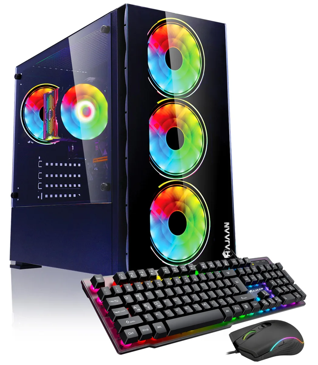 Black mid-tower case with glass front panel and RGB fans