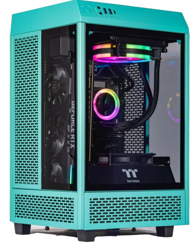 Gray mini-tower desktop with turquoise liquid cooling visible through side panel