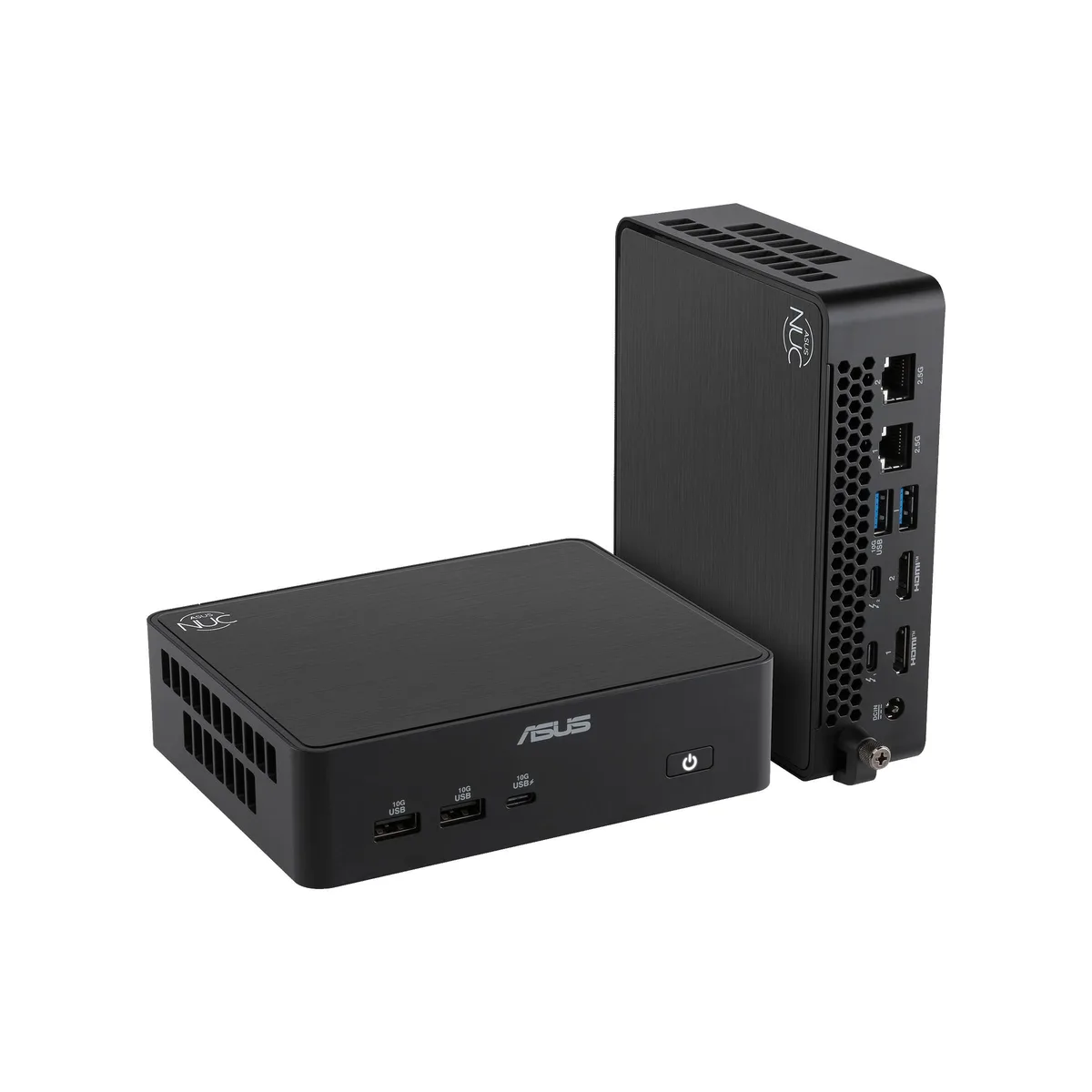 Small square black mini PC with front USB-C and USB-A ports, HDMI and Thunderbolt 4 at rear, VESA mount visible