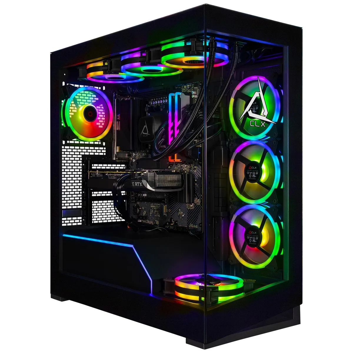 Black mid-tower gaming desktop with liquid CPU cooling