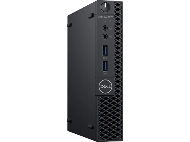 Small black micro desktop tower with keyboard and mouse