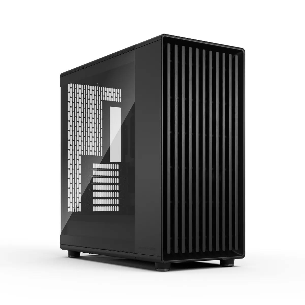 Full-tower PC case in black steel with a blackened oak front panel and glass side panel