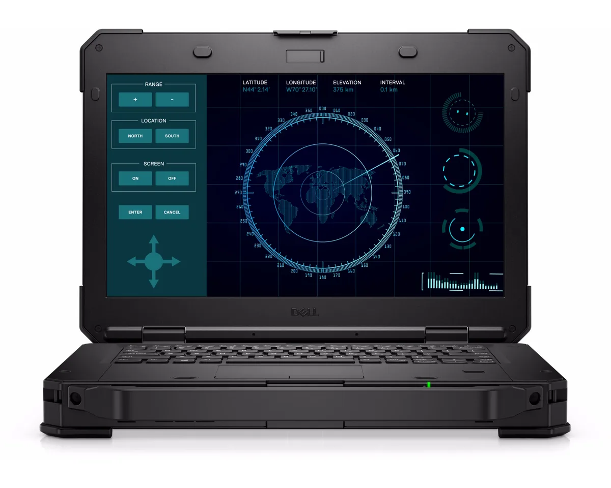 Black Dell rugged laptop, closed lid, matte finish, 14 inch screen, thick chassis, carry handle visible
