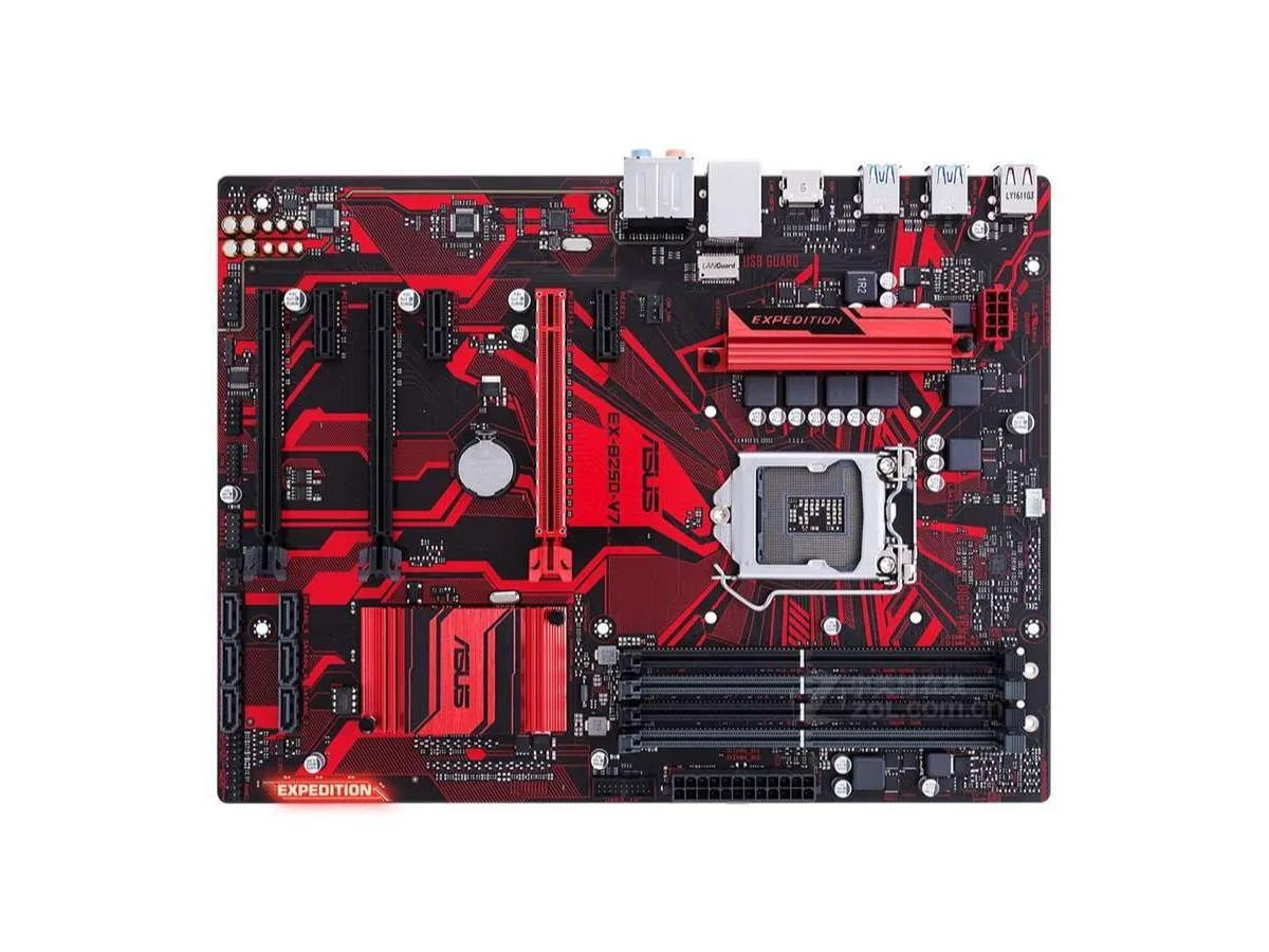 ASUS EX-B250-V7 ATX motherboard, black PCB with grey slots and silver I/O shield