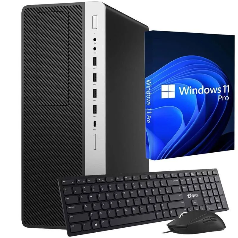Black tower desktop with wired keyboard and mouse