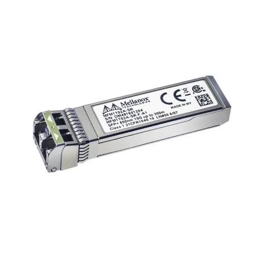 Small black transceiver module with gold connectors and side latch