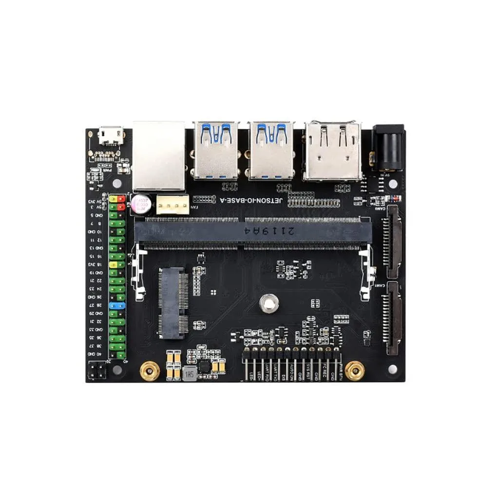 Green rectangular circuit board with color-coded 40-pin GPIO header, dual video ports and four USB 3.0 sockets