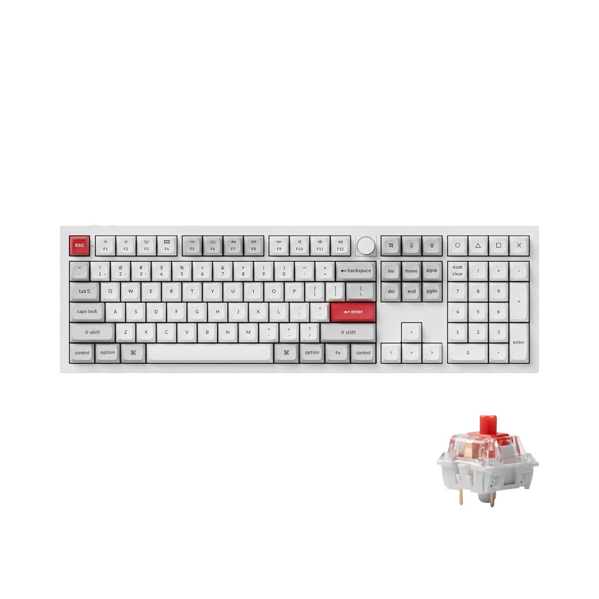Full-size aluminium keyboard in white with RGB backlighting and a rotary knob