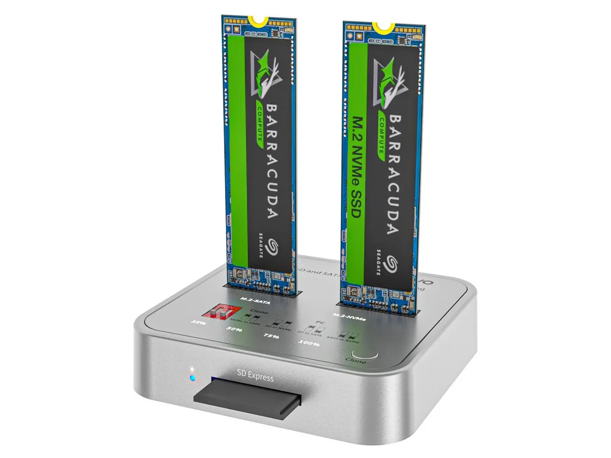 Gray rectangular ABS dock with two M.2 slots and an SD card slot, USB-C 10Gbps port, 5V 3A adapter included