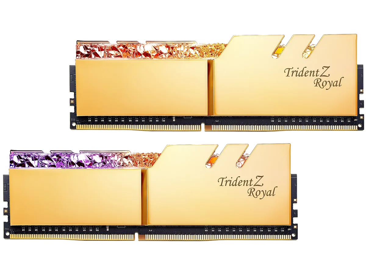 Two gold aluminum memory sticks with crystalline RGB light bars