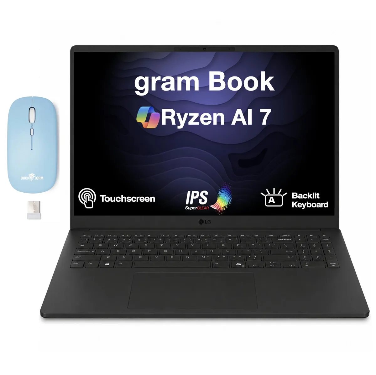 Titan Black LG gram Book 16.0 inch touchscreen laptop open showing keyboard and display