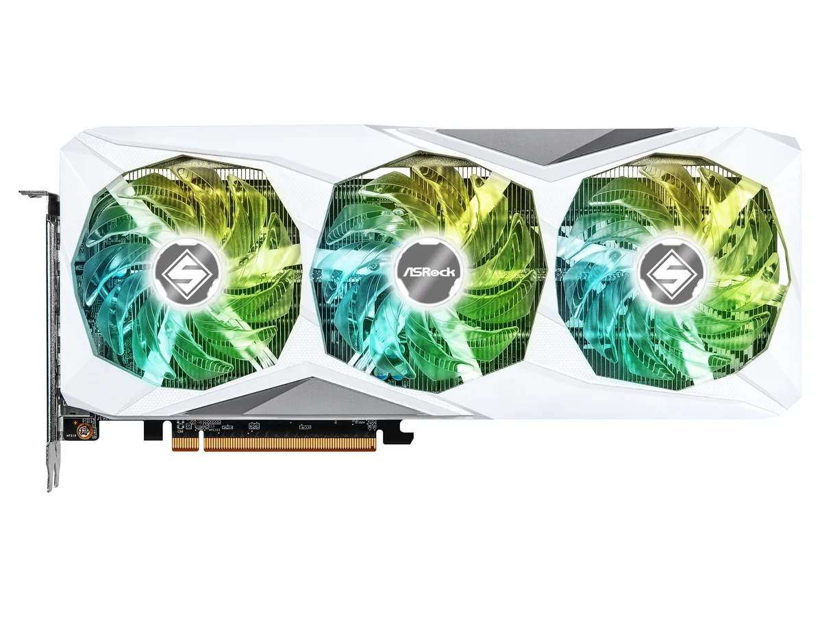 Silver graphics card with three fans and a metal backplate