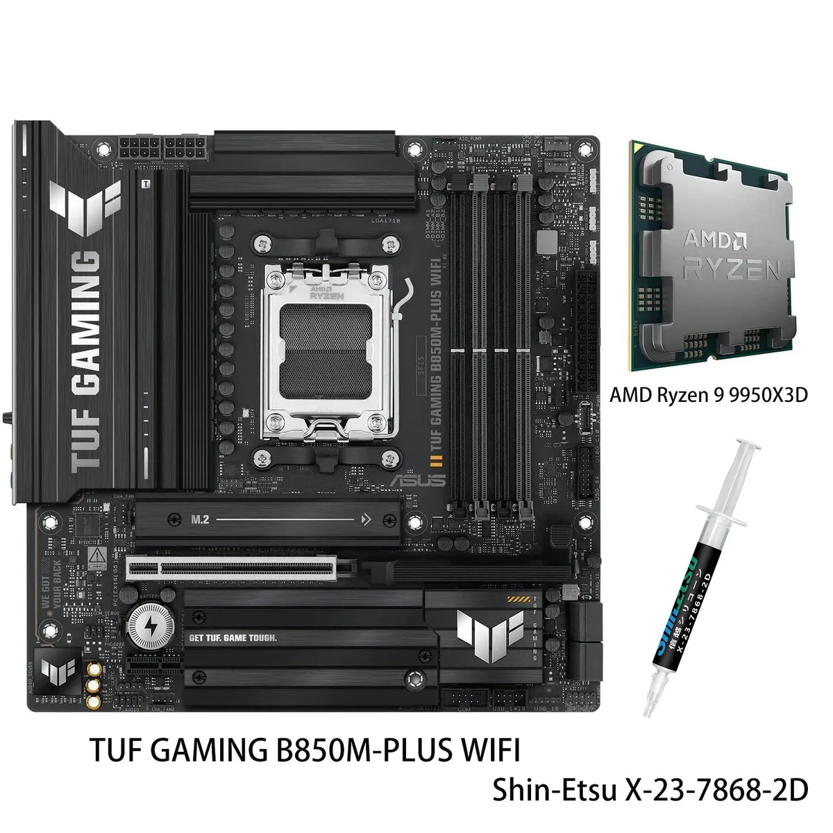 ASUS TUF Gaming B850M-Plus motherboard with Ryzen 9 9950X3D CPU installed, matte black mATX board with grey heatsinks