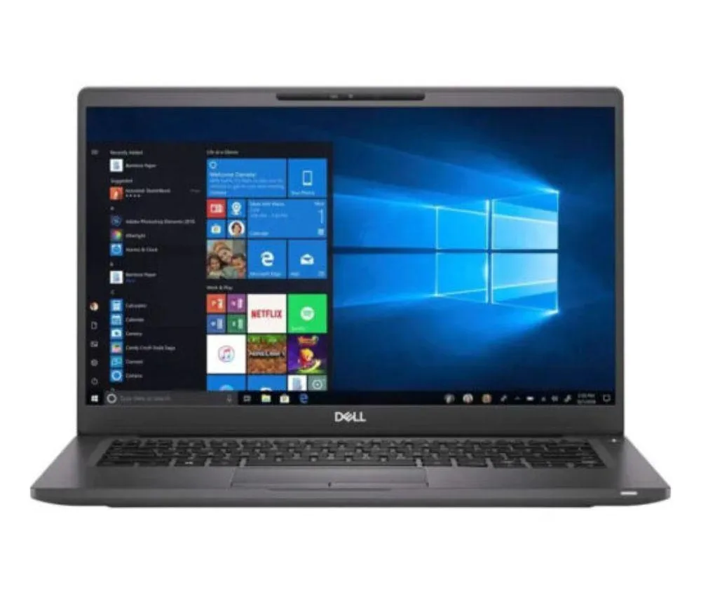 Black Dell Latitude 7400 laptop, 14 inch non-touch screen, visible scratches on lid and base