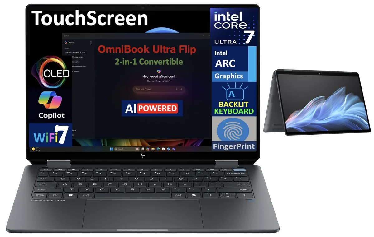 HP HP OmniBook Ultra Flip 2-in-1 laptop 14.0" OLED 2.8K 120Hz Ultra 7-256V 16GB LPDDR5X 1TB NVMe — product photo