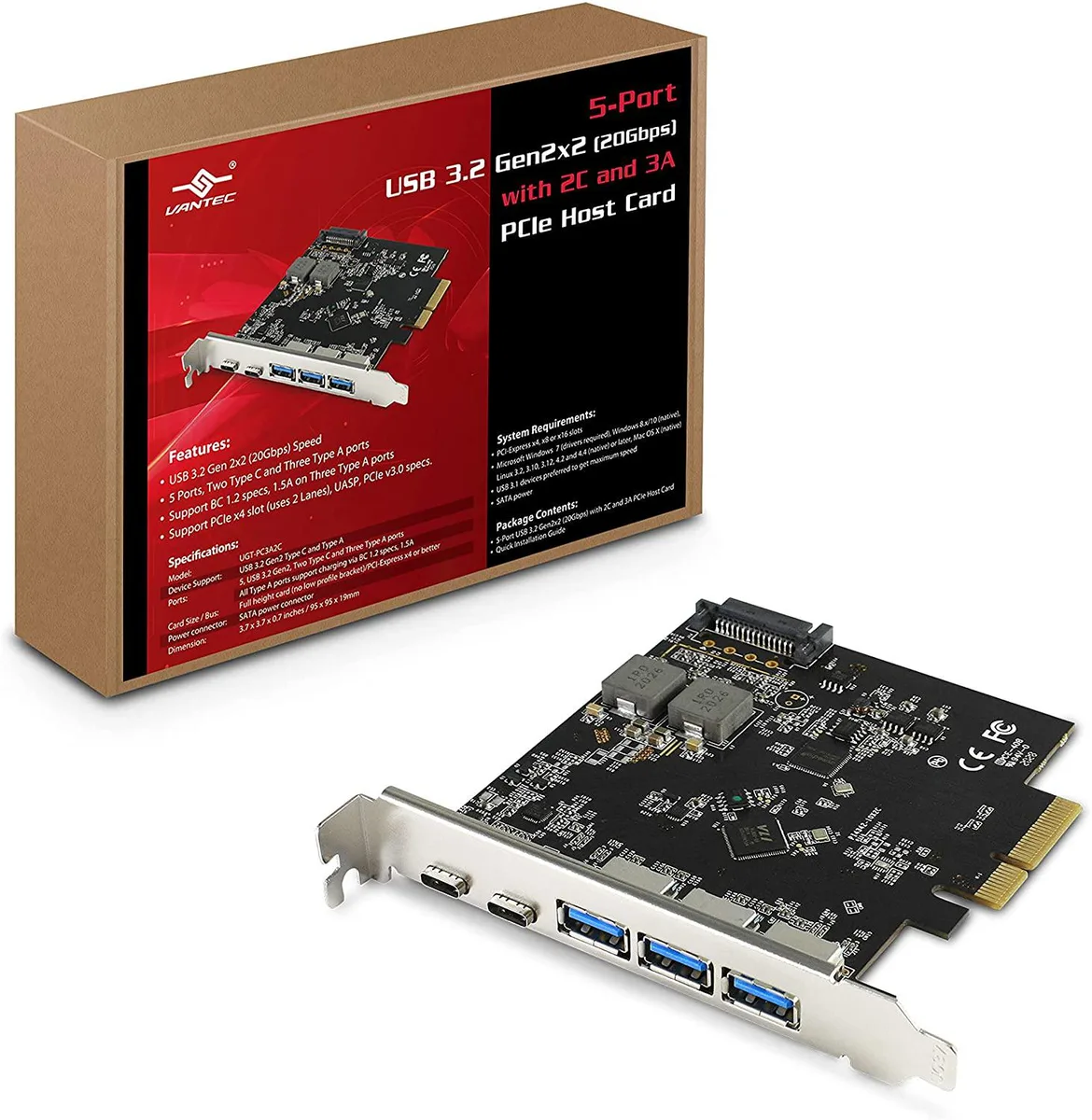 Vantec Vantec 5-Port USB 3.2 Gen2x2 (20Gbps) 2C 3A PCIe Host Card — produktbilde