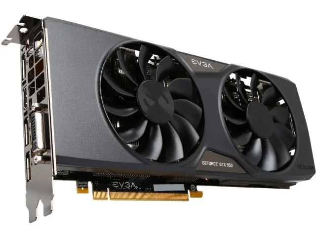 EVGA GeForce GTX 950 graphics card with dual fans and metal backplate