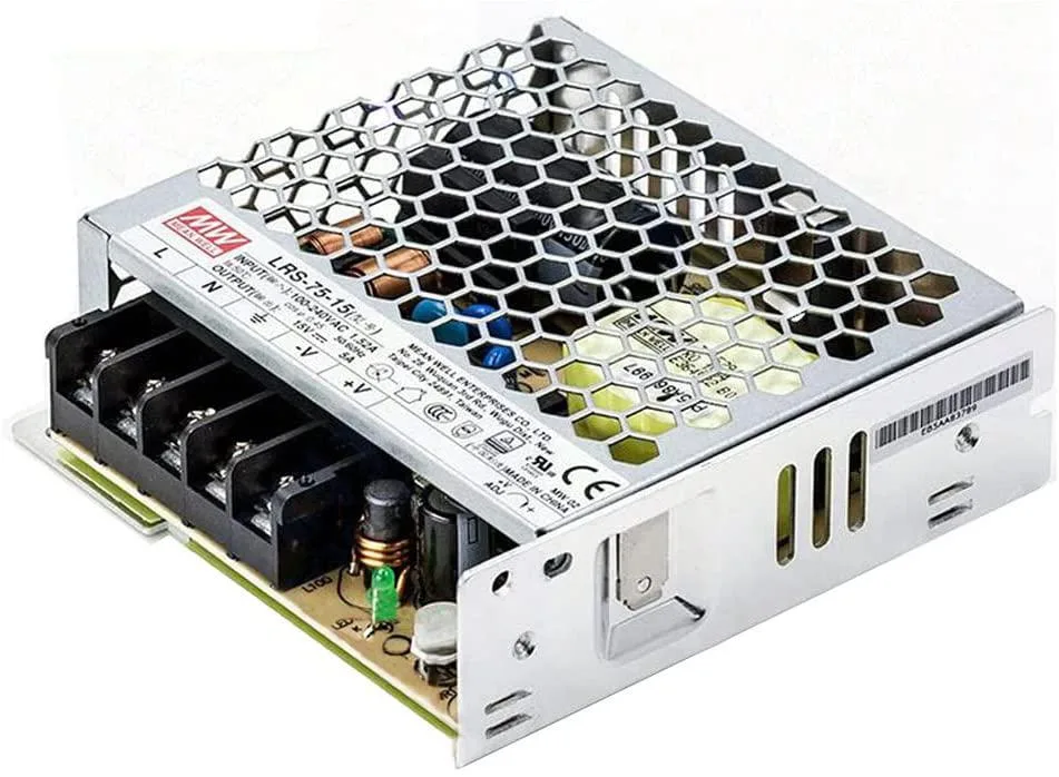 Enclosed metal power supply unit, low-profile rectangular box with screw terminals and LED indicator