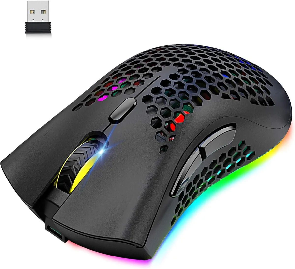 Black wireless gaming mouse with perforated honeycomb shell and RGB lighting