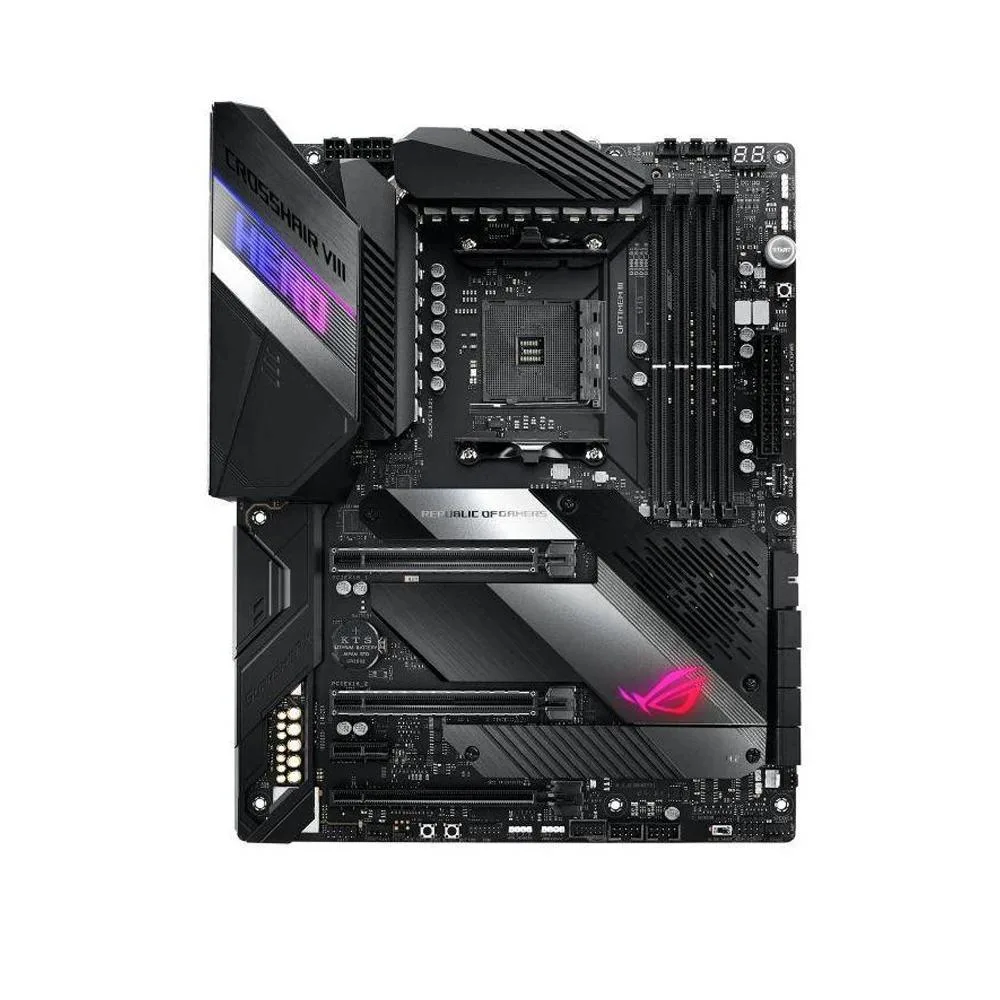 Black ATX motherboard with silver heatsinks and AM4 socket