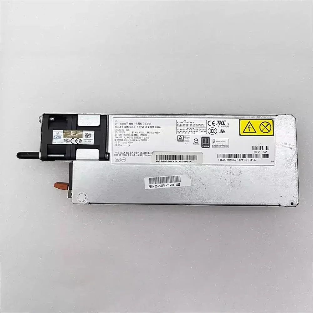 Rectangular server power supply unit in matte black metal finish with rear fan grille and power connector visible