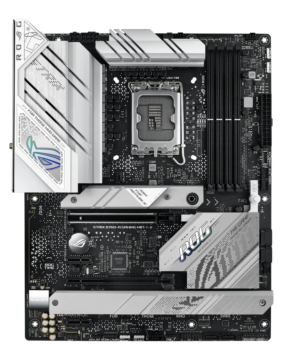 ATX motherboard with silver heatsinks and black PCB, cyber-pattern accents, LGA 1700 socket, DDR5 slots, Wi-Fi 6E antenna connectors