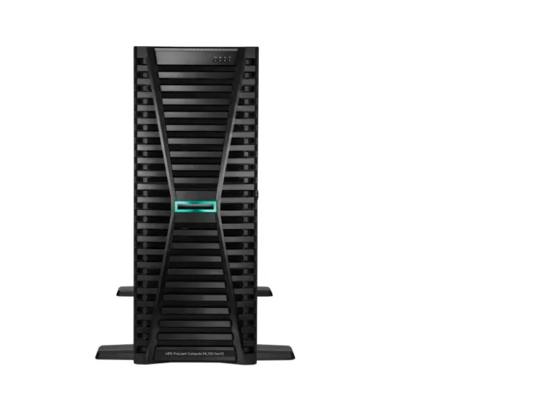 Tall silver tower server with front drive bays and ventilation grilles