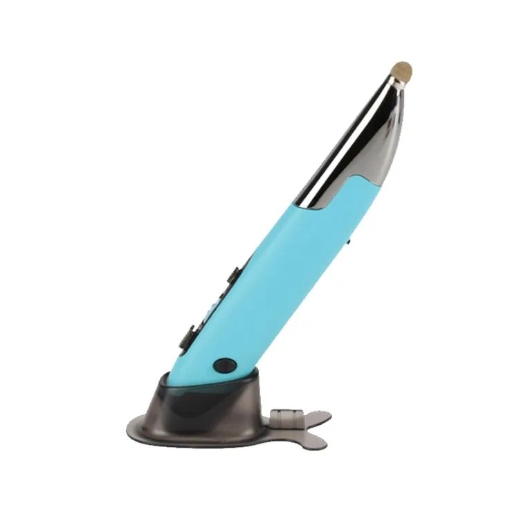 Blue pen-shaped mouse with glossy finish, charging base and fabric pouch