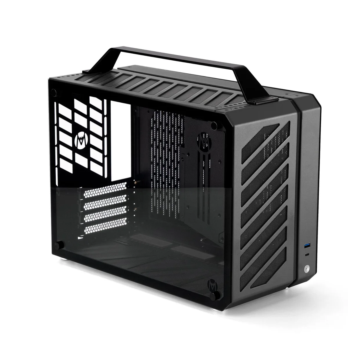 Compact black Micro ATX case with aluminum shell tempered glass side panel