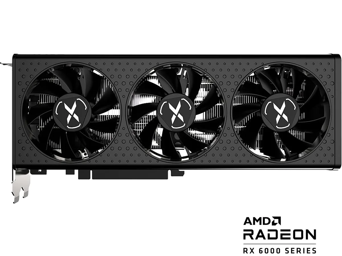 Black triple-fan graphics card, ATX form factor, 274 mm long