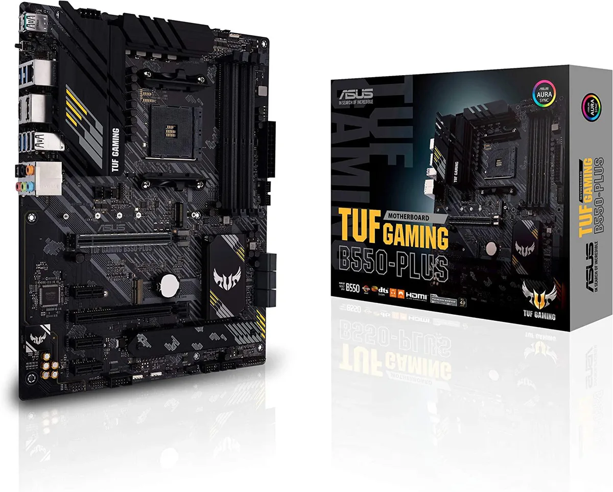 ATX motherboard with black and yellow heatsinks, AM4 socket, four DDR4 slots, dual M.2, 2.5Gb LAN, HDMI 2.1