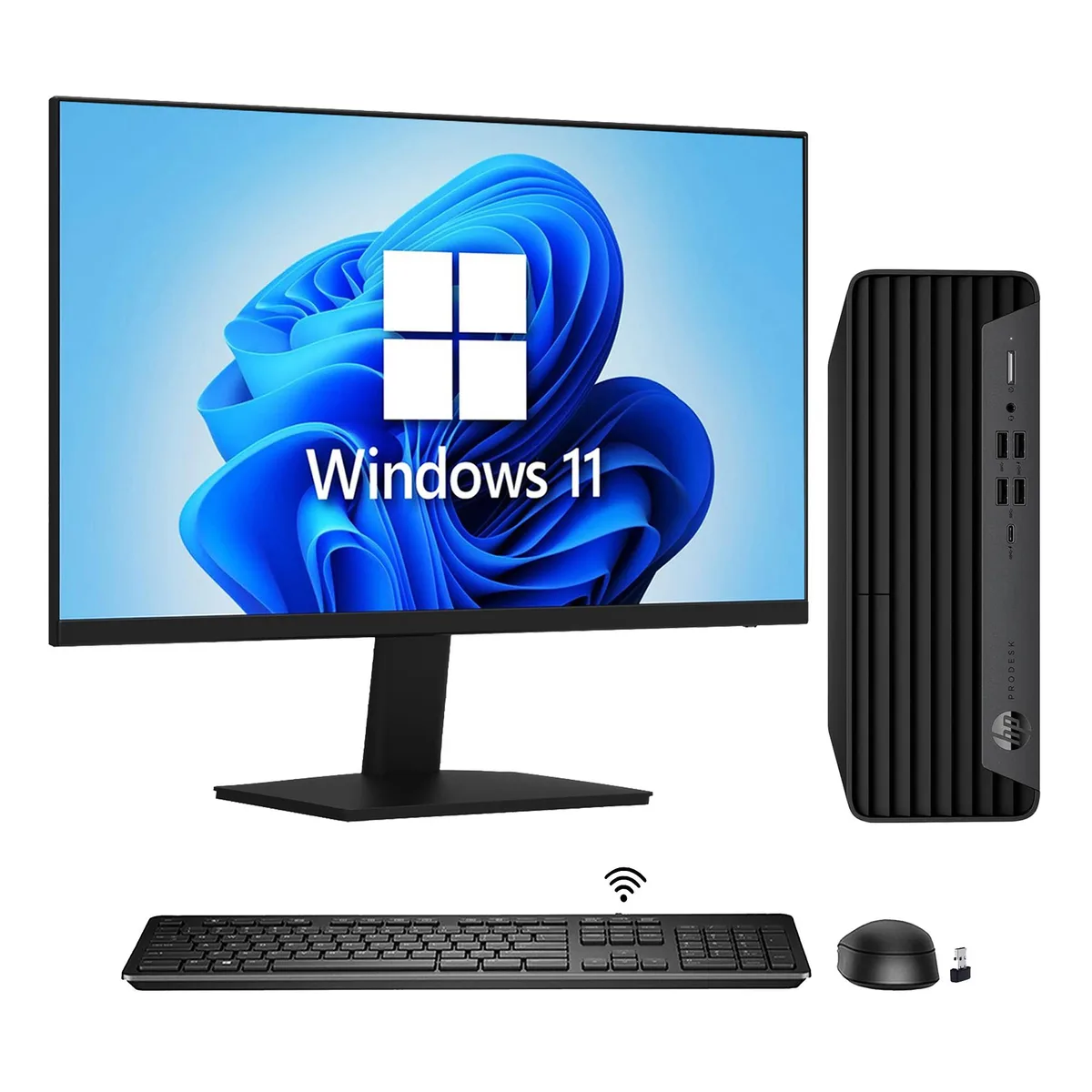Black HP ProDesk 600 G6 small-form-factor tower beside a 24-inch monitor
