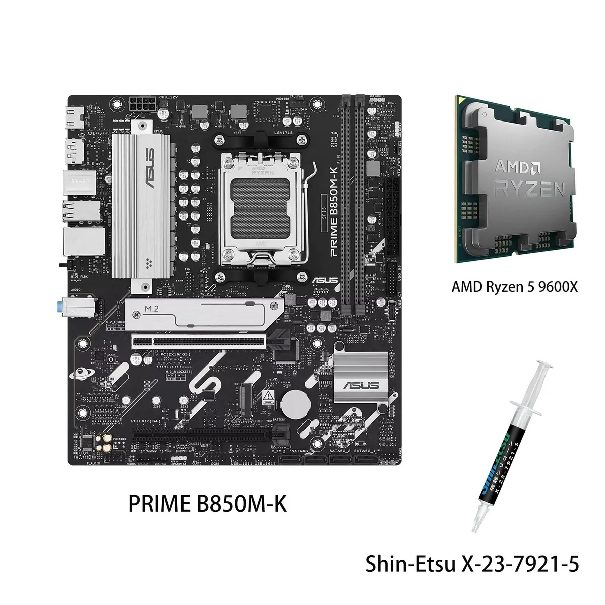 ASUS PRIME B850M-K motherboard with Ryzen 5 9600X CPU installed, matte black PCB, silver heatsinks, AM5 socket, PCIe slots