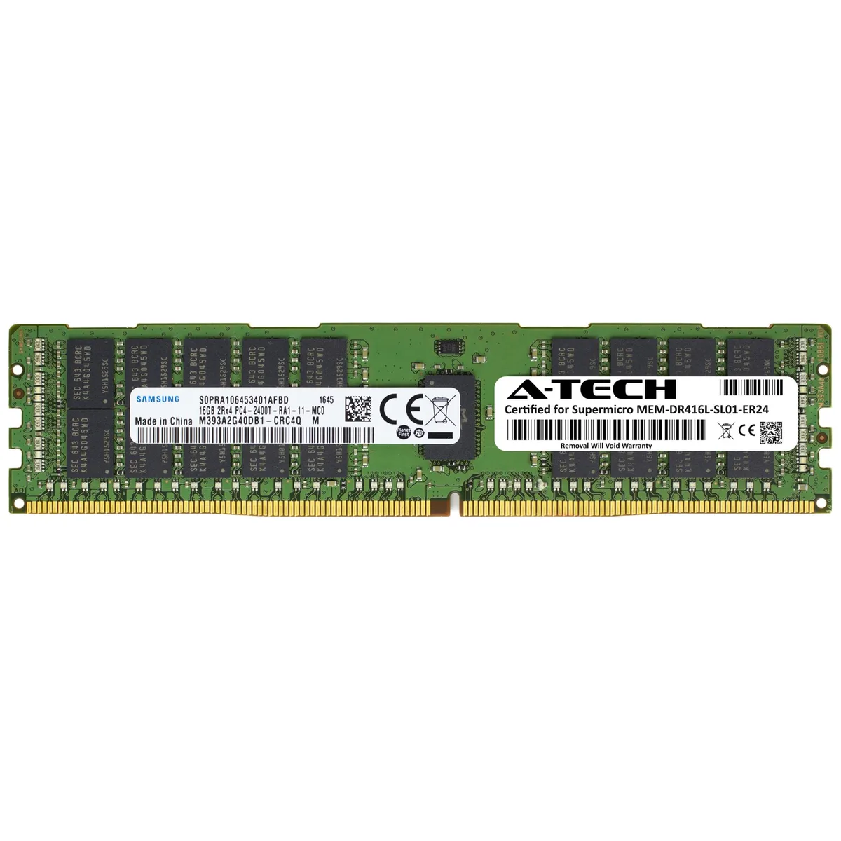 Single green 288-pin DDR4 RDIMM module with black Samsung chips and silver edge contacts