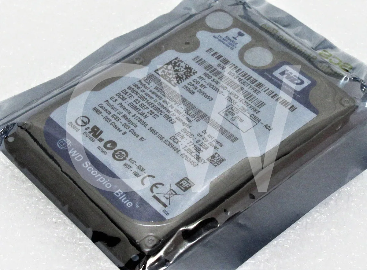 Rectangular silver 2.5 inch SATA hard drive with label showing model and capacity