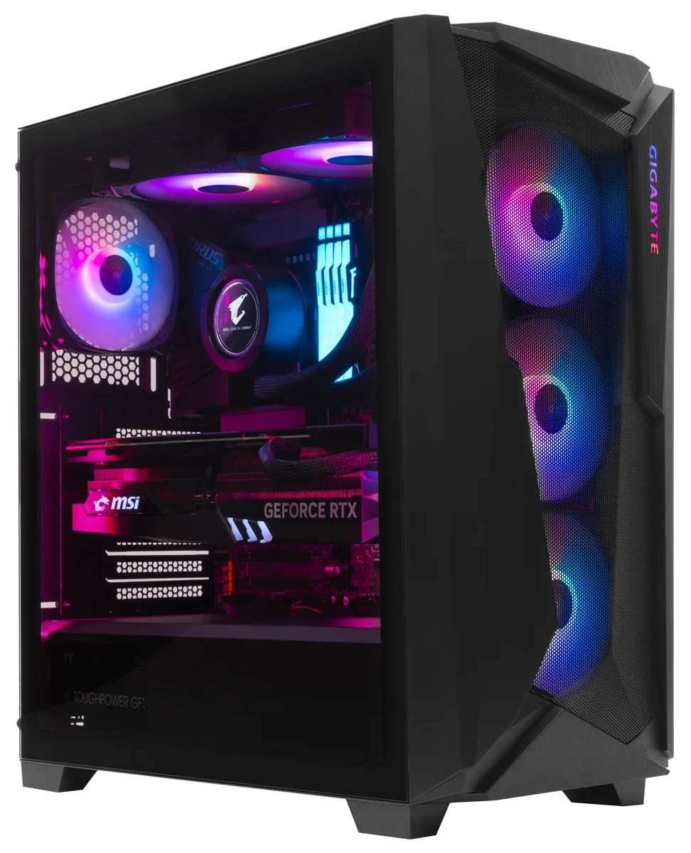 Black Gigabyte C301 glass side panel mid tower with RGB lighting visible inside