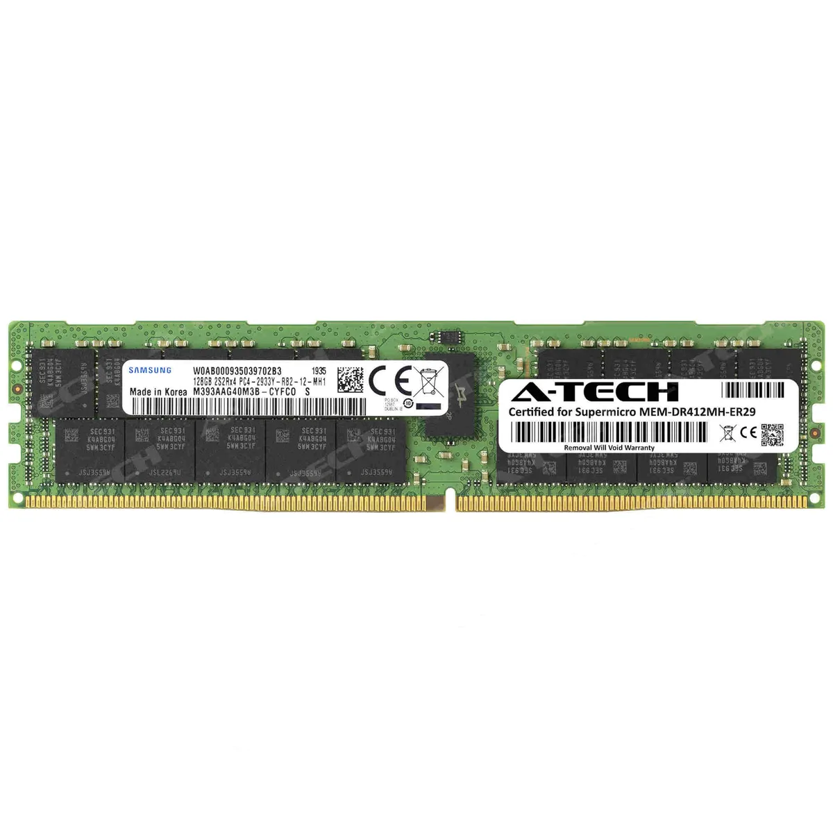 Green 288-pin RDIMM module with black Samsung chips, 128GB DDR4 2933MHz ECC registered