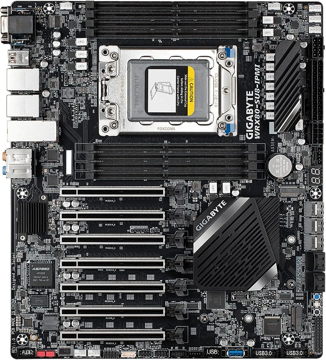 Rectangular AMD WRX80 motherboard dark PCB silver heatsinks eight DIMM slots seven full-length PCIe slots dual M.2 dual 10G LAN